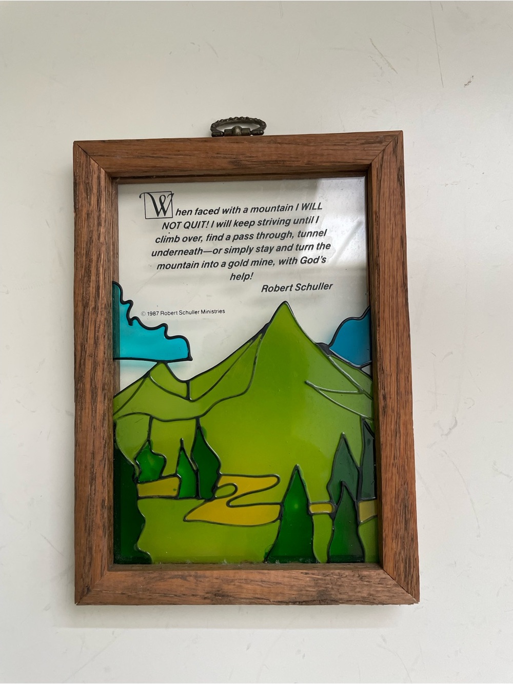 Robert Schuller Ministries Framed Stained Glass Window Panel Mountain Quote 1987